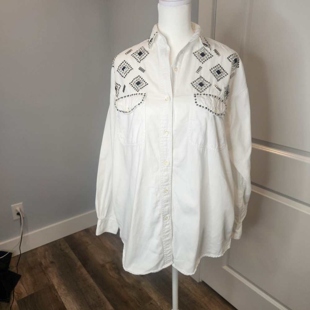 Accessory Lady WESTERN Bling  White‎ Beaded Button Up SIZE: M